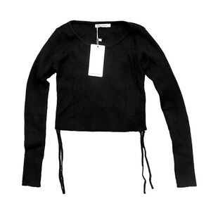 Cherry Koko Ribbed Long Sleeve Crop Top in Black, Size S/M​​​​​​​​​